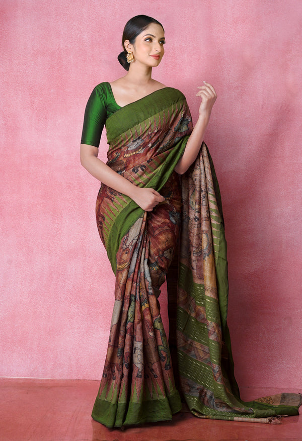 Burgundy Pure Handloom Pen Kalamkari Painting Gicha Tussar Jute Saree-UNM71773