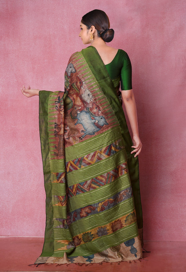 Burgundy Pure Handloom Pen Kalamkari Painting Gicha Tussar Jute Saree-UNM71773