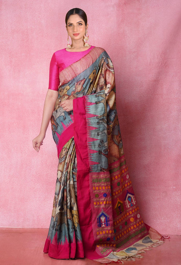 Cream Pure Handloom Pen Kalamkari Painting Gicha Tussar Jute Saree-UNM71774