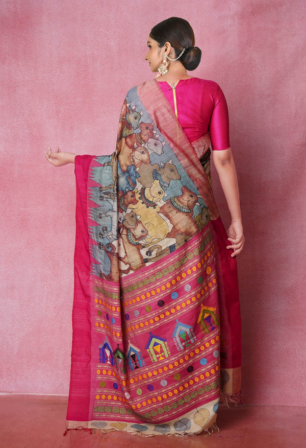 Cream Pure Handloom Pen Kalamkari Painting Gicha Tussar Jute Saree-UNM71774
