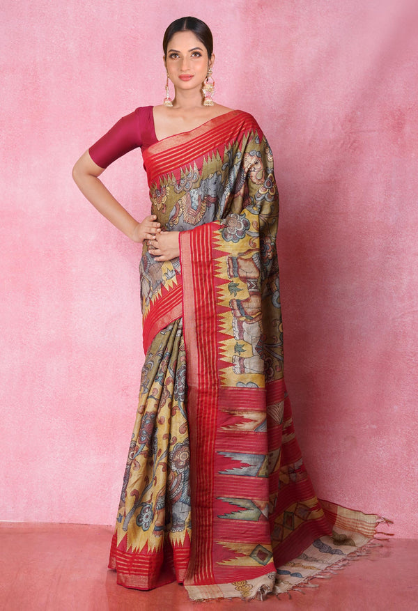 Olive Green-Yellow Pure Handloom Pen Kalamkari Painting Gicha Tussar Jute Saree-UNM71775