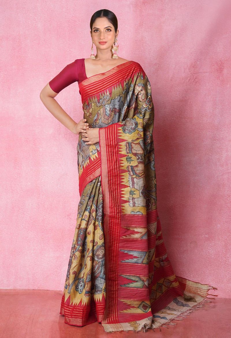Olive Green-Yellow Pure Handloom Pen Kalamkari Painting Gicha Tussar Jute Saree-UNM71775