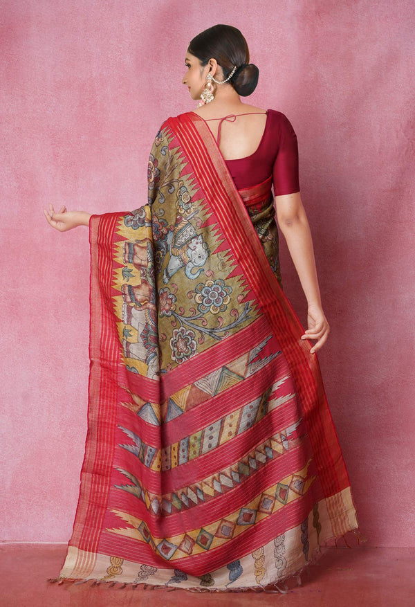 Olive Green-Yellow Pure Handloom Pen Kalamkari Painting Gicha Tussar Jute Saree-UNM71775