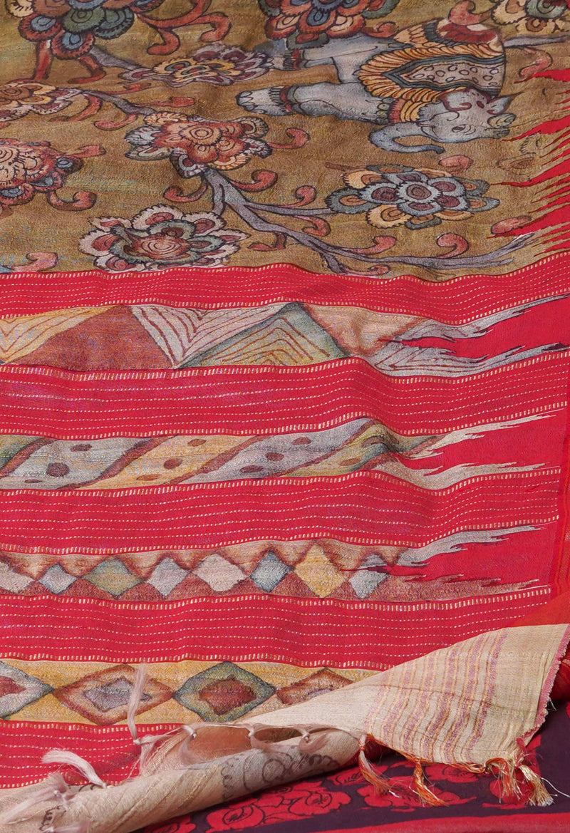 Olive Green-Yellow Pure Handloom Pen Kalamkari Painting Gicha Tussar Jute Saree-UNM71775