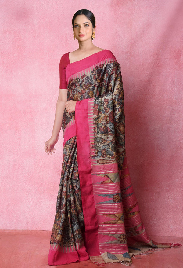 Biege Pure Handloom Pen Kalamkari Painting Gicha Tussar Jute Saree-UNM71776