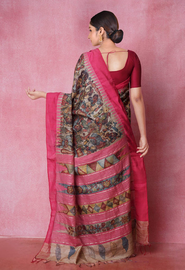 Biege Pure Handloom Pen Kalamkari Painting Gicha Tussar Jute Saree-UNM71776
