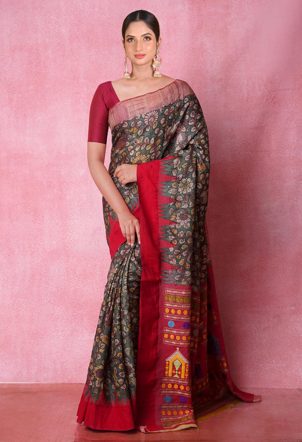 Green Pure Handloom Pen Kalamkari Painting Gicha Tussar Jute Saree-UNM71777