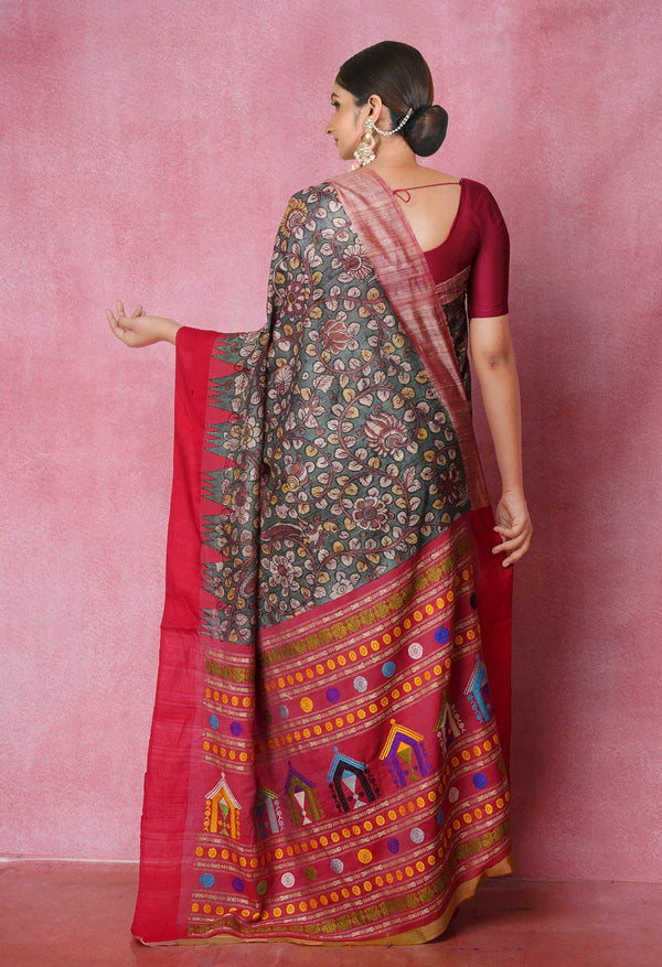 Green Pure Handloom Pen Kalamkari Painting Gicha Tussar Jute Saree-UNM71777