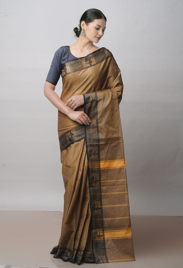 Ecru Brown Pure Handloom Pavani Chettinad Cotton Saree-UNM71824