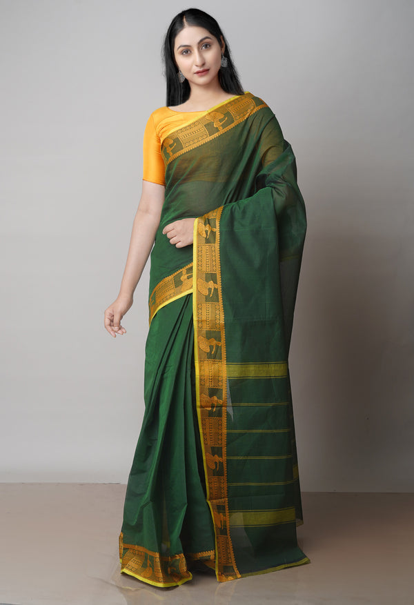 Dark Green Pure Handloom Pavani Chettinad Cotton Saree-UNM71826