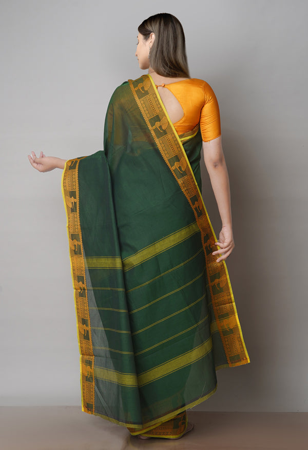 Dark Green Pure Handloom Pavani Chettinad Cotton Saree-UNM71826