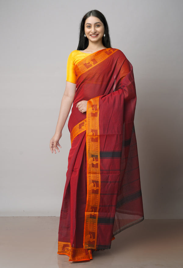Maroon Pure Handloom Pavani Chettinad Cotton Saree-UNM71827
