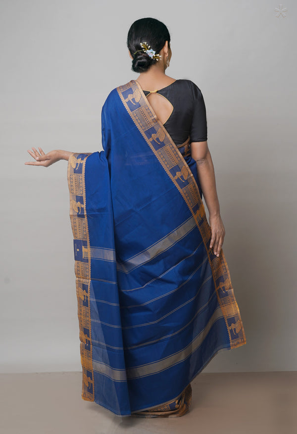 Dark Blue Pure Handloom Pavani Chettinad Cotton Saree-UNM71829