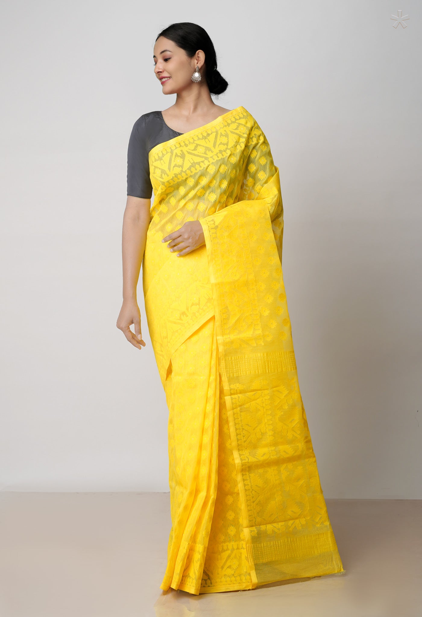 Yellow Pure Handloom Handloom Dhaka Jamdhani Bengal Cotton Saree-UNM71876