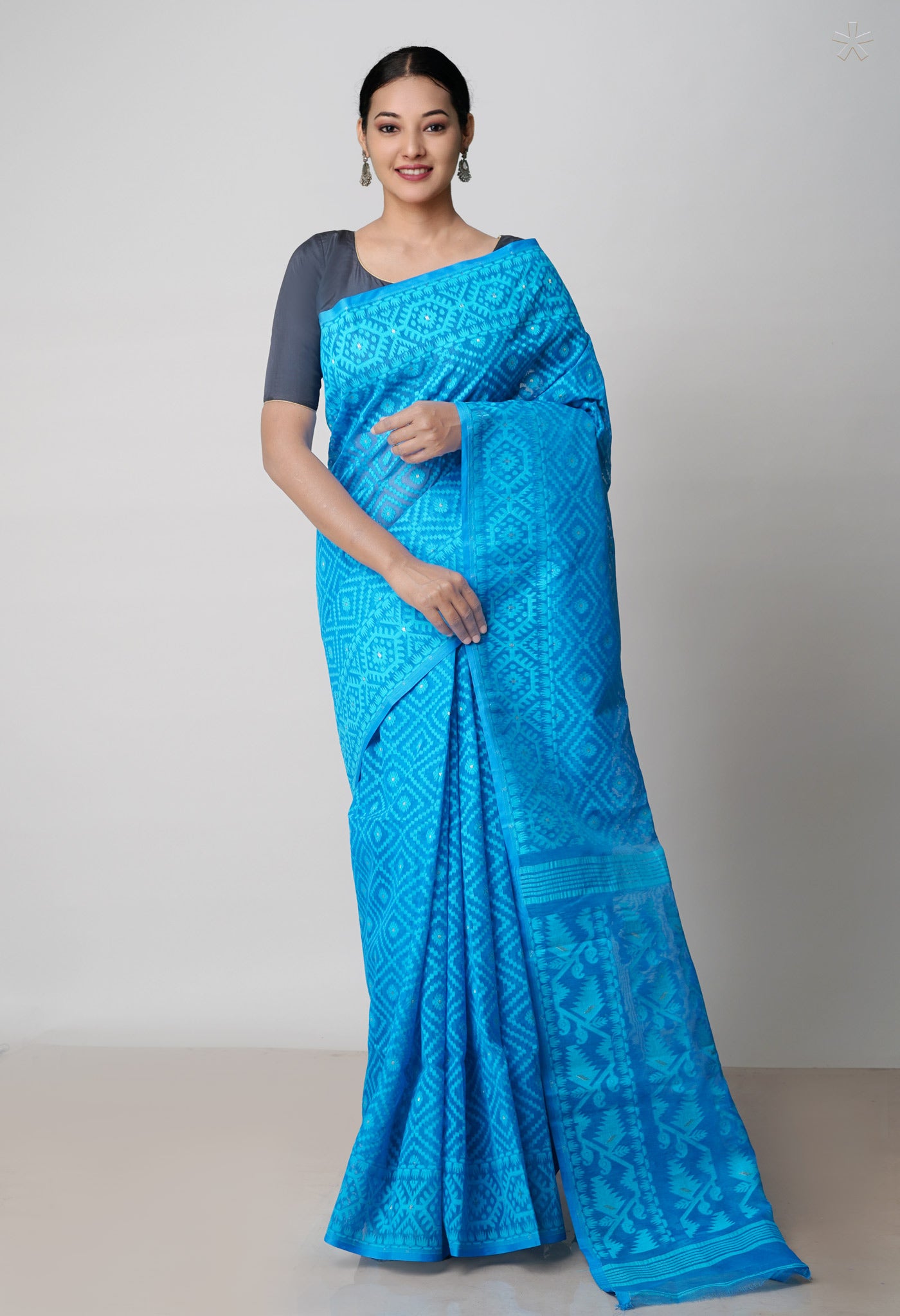 Blue Pure Handloom Handloom Dhaka Jamdhani Bengal Cotton Saree-UNM71877