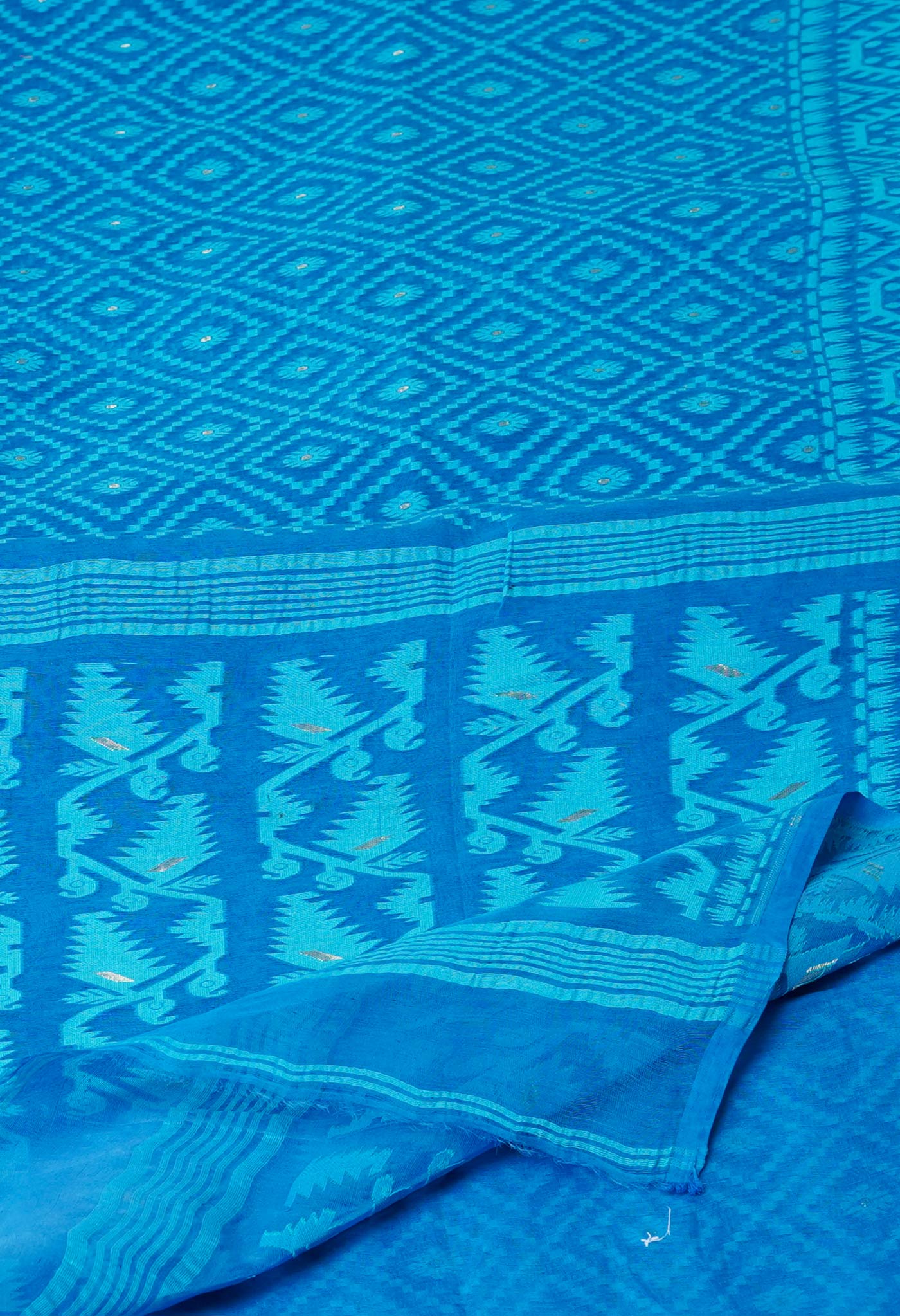 Blue Pure Handloom Handloom Dhaka Jamdhani Bengal Cotton Saree-UNM71877