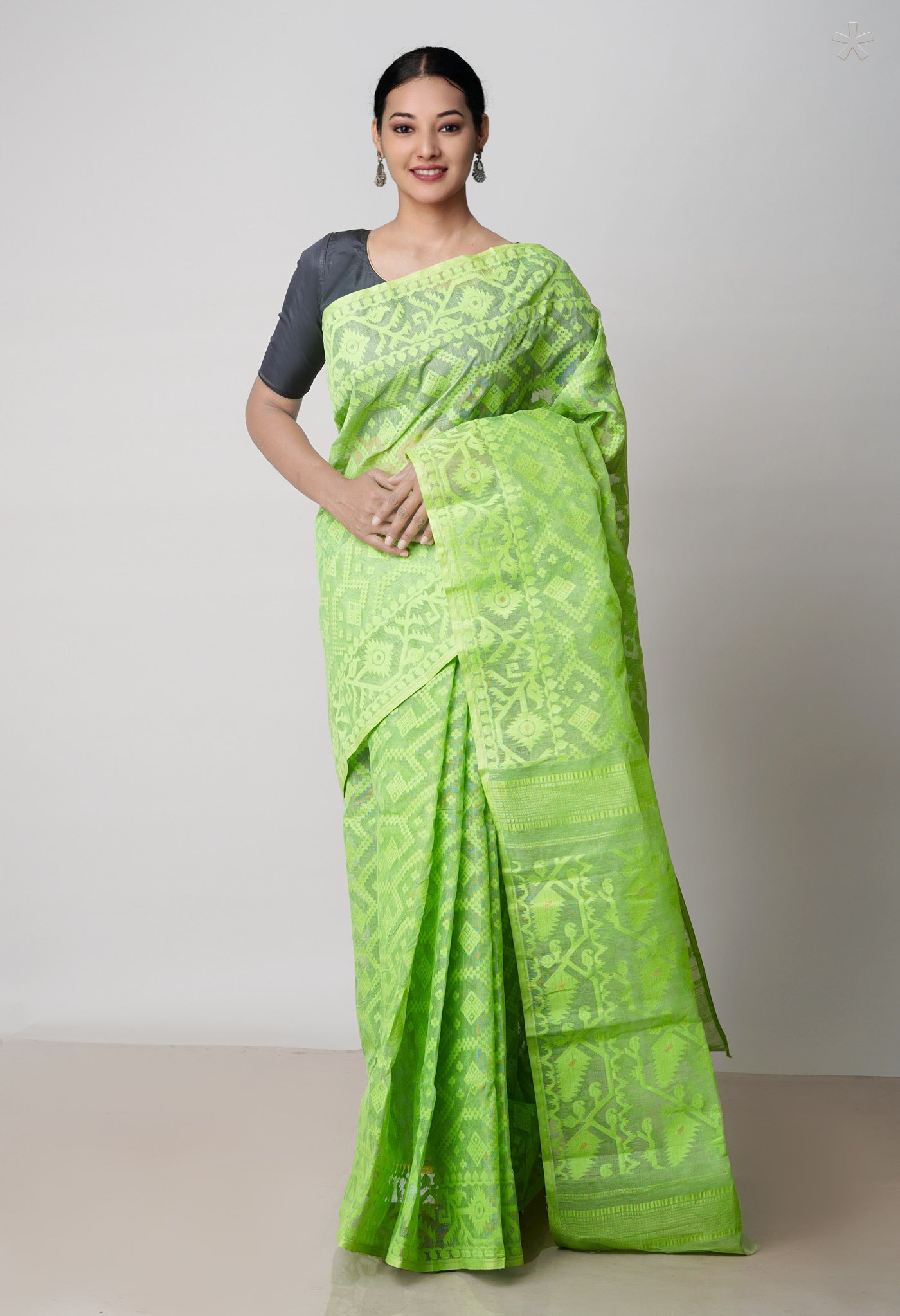 Parrot Green Pure Handloom Handloom Dhaka Jamdhani Bengal Cotton Saree-UNM71880