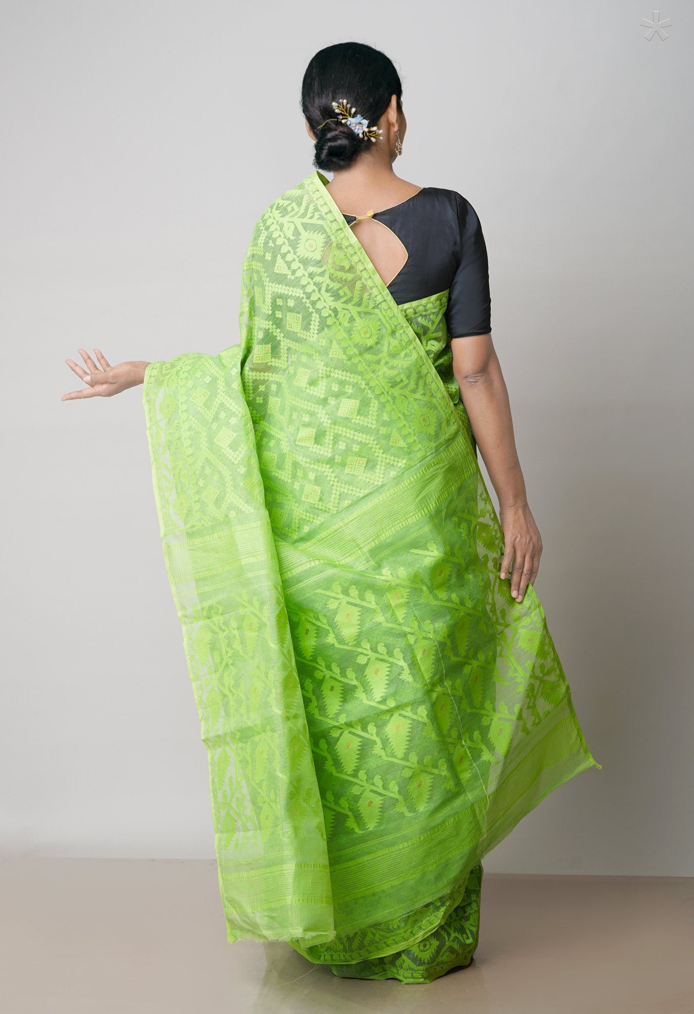 Parrot Green Pure Handloom Handloom Dhaka Jamdhani Bengal Cotton Saree-UNM71880