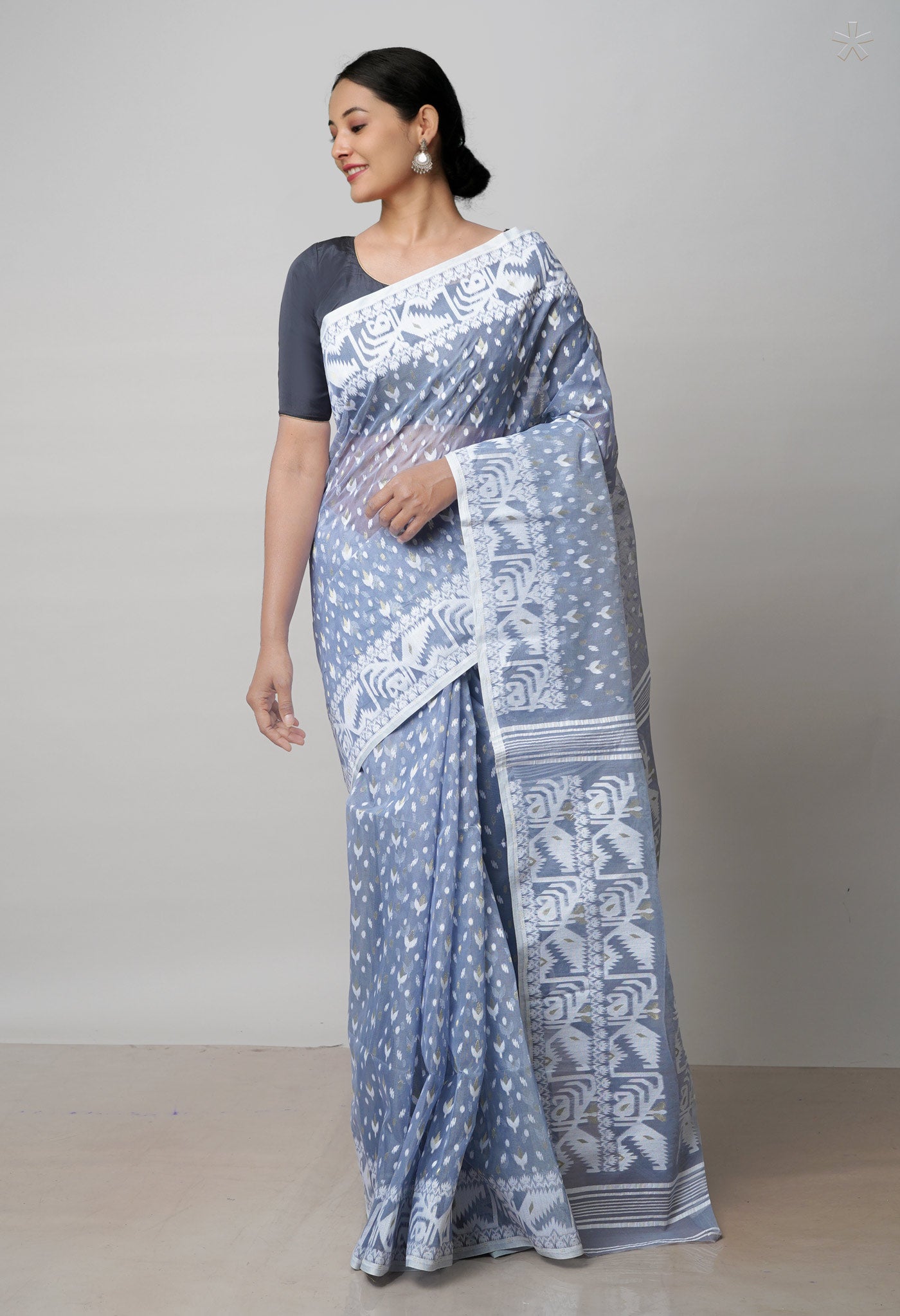 Grey Pure Handloom Handloom Dhaka Jamdhani Bengal Cotton Saree-UNM71888