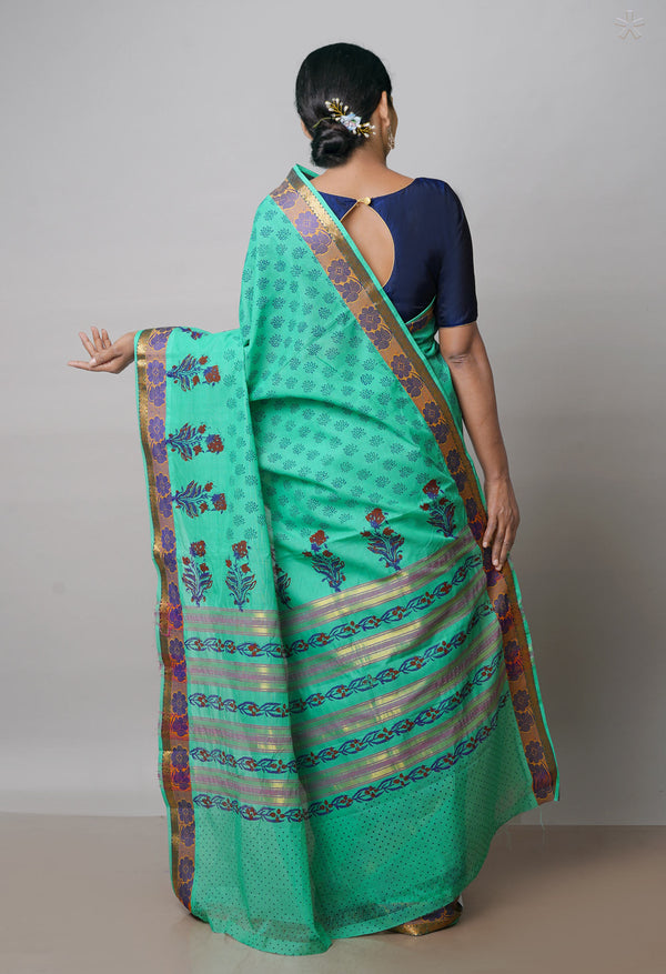 Green Pure Handloom Pavani Dyed Printed Chettinad  Cotton Saree-UNM71896