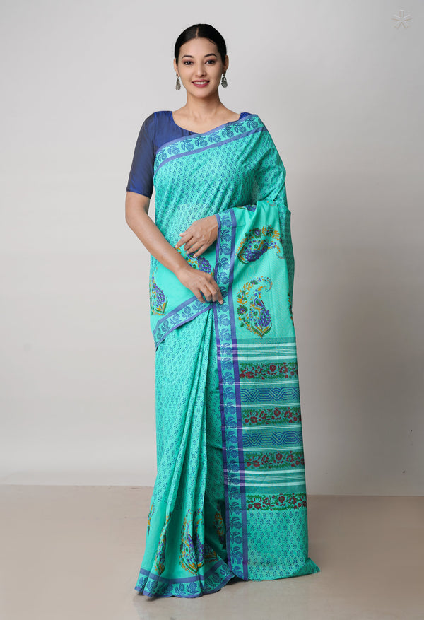 Green Pure Handloom Pavani Dyed Printed Chettinad  Cotton Saree-UNM71899