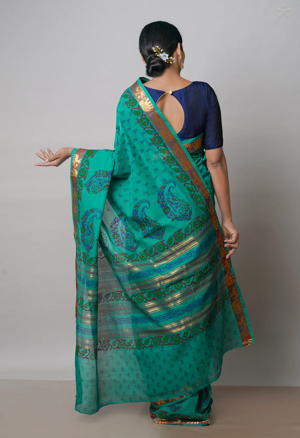 Green Pure Handloom Pavani Dyed Printed Chettinad Cotton Saree-UNM71901