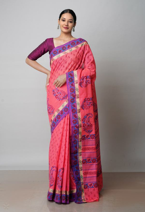 Pink Pure Handloom Pavani Dyed Printed Chettinad Cotton Saree-UNM71902