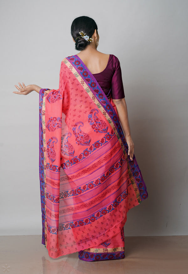 Pink Pure Handloom Pavani Dyed Printed Chettinad Cotton Saree-UNM71902