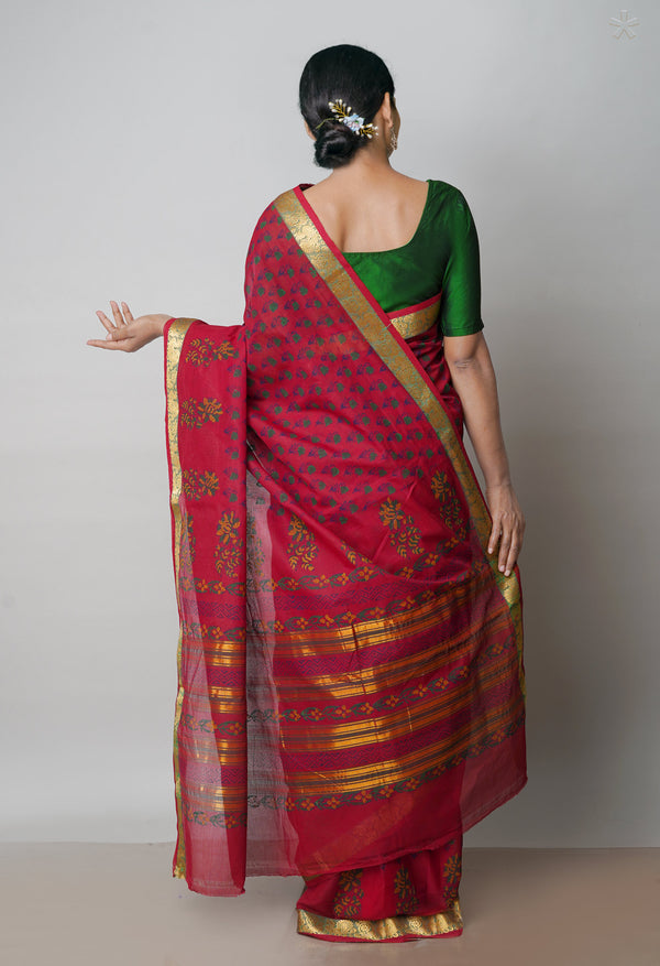 Maroon Pure Handloom Pavani Dyed Printed Chettinad Cotton Saree-UNM71903