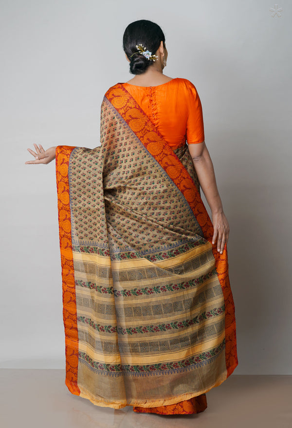 Southern Vine Brown Pure Handloom Pavani Dyed Printed Chettinad  Cotton Saree-UNM71908