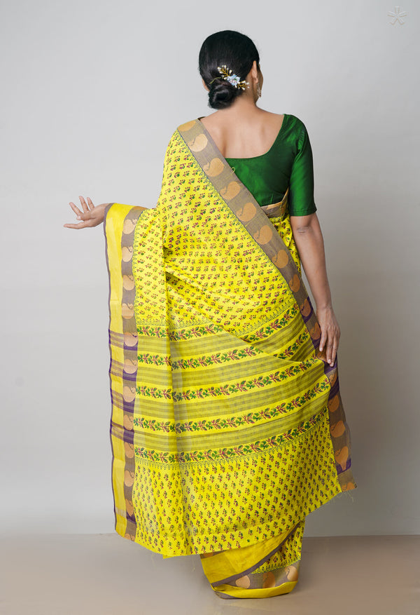 Parrot Green Pure Handloom Pavani Dyed Printed Chettinad  Cotton Saree-UNM71909