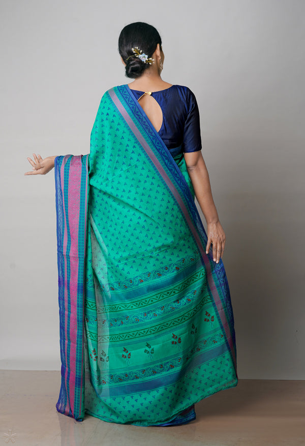 Green Pure Handloom Pavani Dyed Printed Chettinad  Cotton Saree-UNM71910