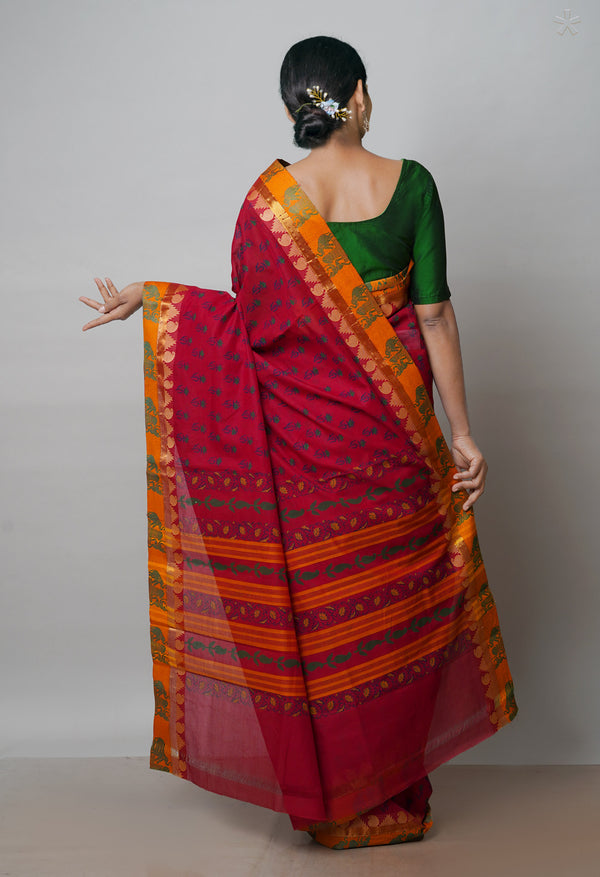 Maroon Pure Handloom Pavani Dyed Printed Chettinad  Cotton Saree-UNM71911