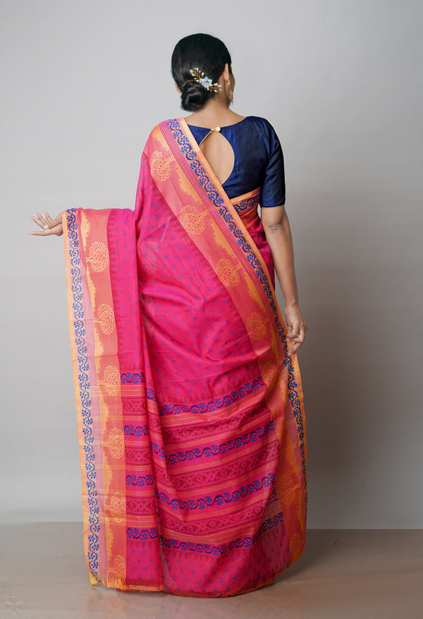 Pink Pure Handloom Pavani Dyed Printed Chettinad Cotton Saree-UNM71914