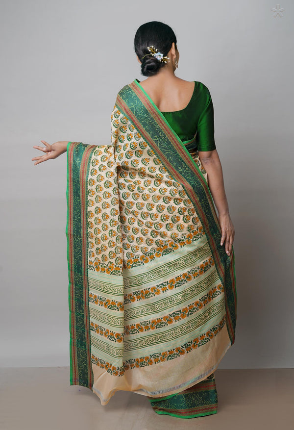 Beige Pure Handloom Pavani Dyed Printed Chettinad Cotton Saree-UNM71916