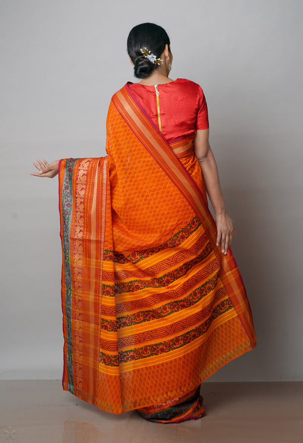 Rust Orange Pure Handloom Pavani Dyed Printed Chettinad Cotton Saree-UNM71918