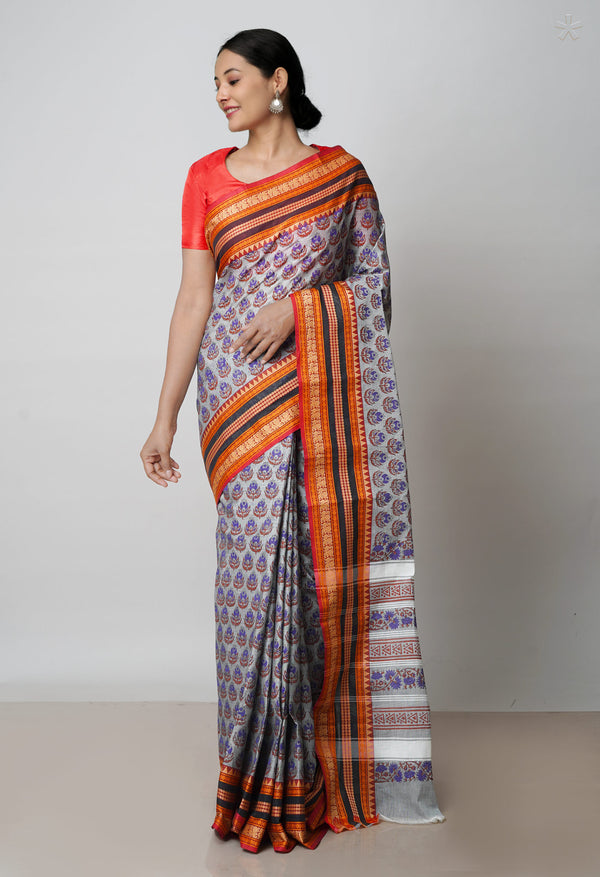 Grey Pure Handloom Pavani Dyed Printed Chettinad Cotton Saree-UNM71919