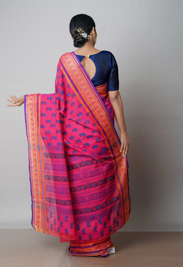 Pink Pure Handloom Pavani Dyed Printed Chettinad Cotton Saree-UNM71920