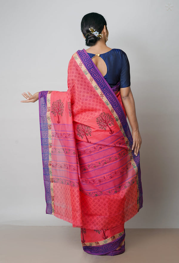 Pink Pure Handloom Pavani Dyed Printed Chettinad  Cotton Saree-UNM71924