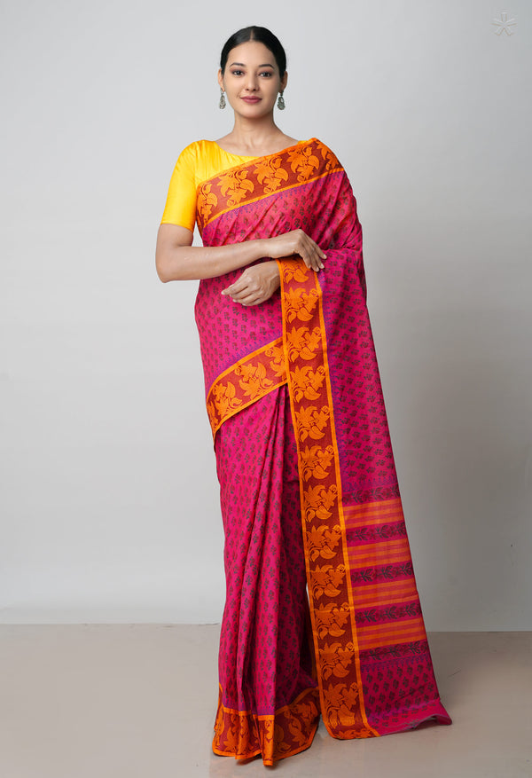 Magenta Pink Pure Handloom Pavani Dyed Printed Chettinad  Cotton Saree-UNM71925