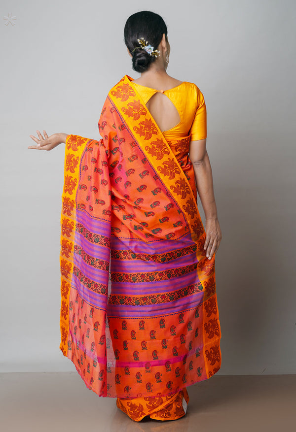 Peach Pink Pure Handloom Pavani Dyed Printed Chettinad  Cotton Saree-UNM71926