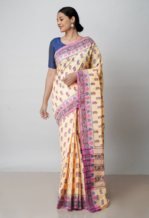 Cream Pure Handloom Pavani Dyed Printed Chettinad  Cotton Saree-UNM71927