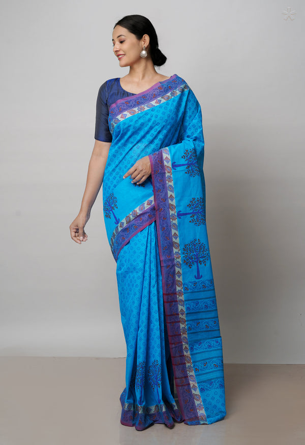Blue Pure Handloom Pavani Dyed Printed Chettinad  Cotton Saree-UNM71928