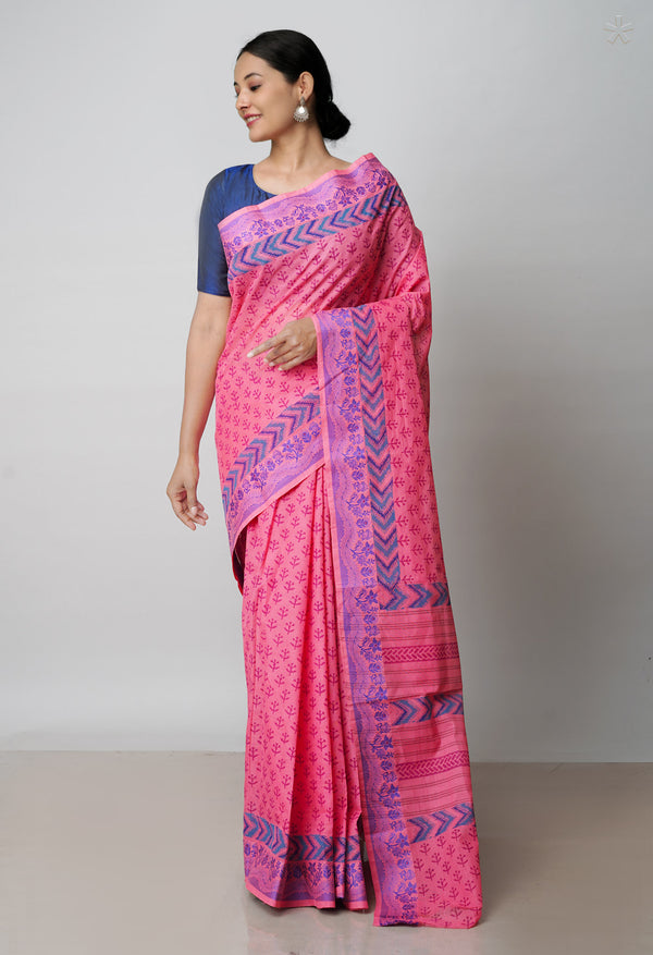 Peach Pink Pure Handloom Pavani Dyed Printed Chettinad  Cotton Saree-UNM71929
