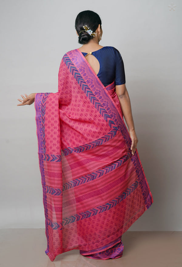 Peach Pink Pure Handloom Pavani Dyed Printed Chettinad  Cotton Saree-UNM71929