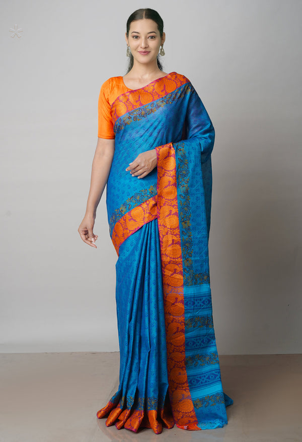 Blue Pure Handloom Pavani Dyed Printed Chettinad  Cotton Saree-UNM71930