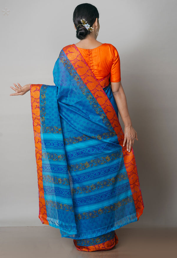 Blue Pure Handloom Pavani Dyed Printed Chettinad  Cotton Saree-UNM71930