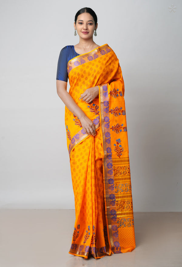 Yellow Pure Handloom Pavani Dyed Printed Chettinad  Cotton Saree-UNM71931