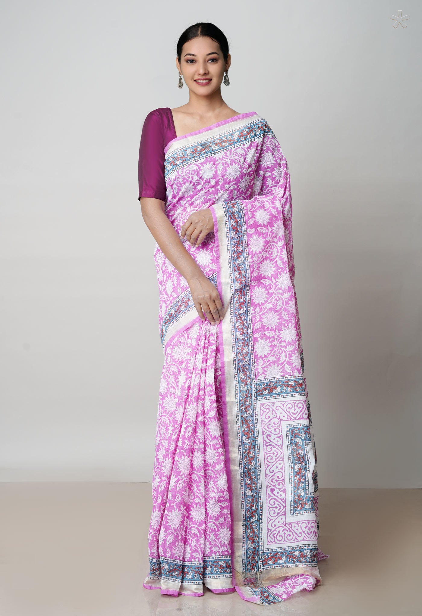 Pink  Dyed Printed Chanderi Sico Saree-UNM71937