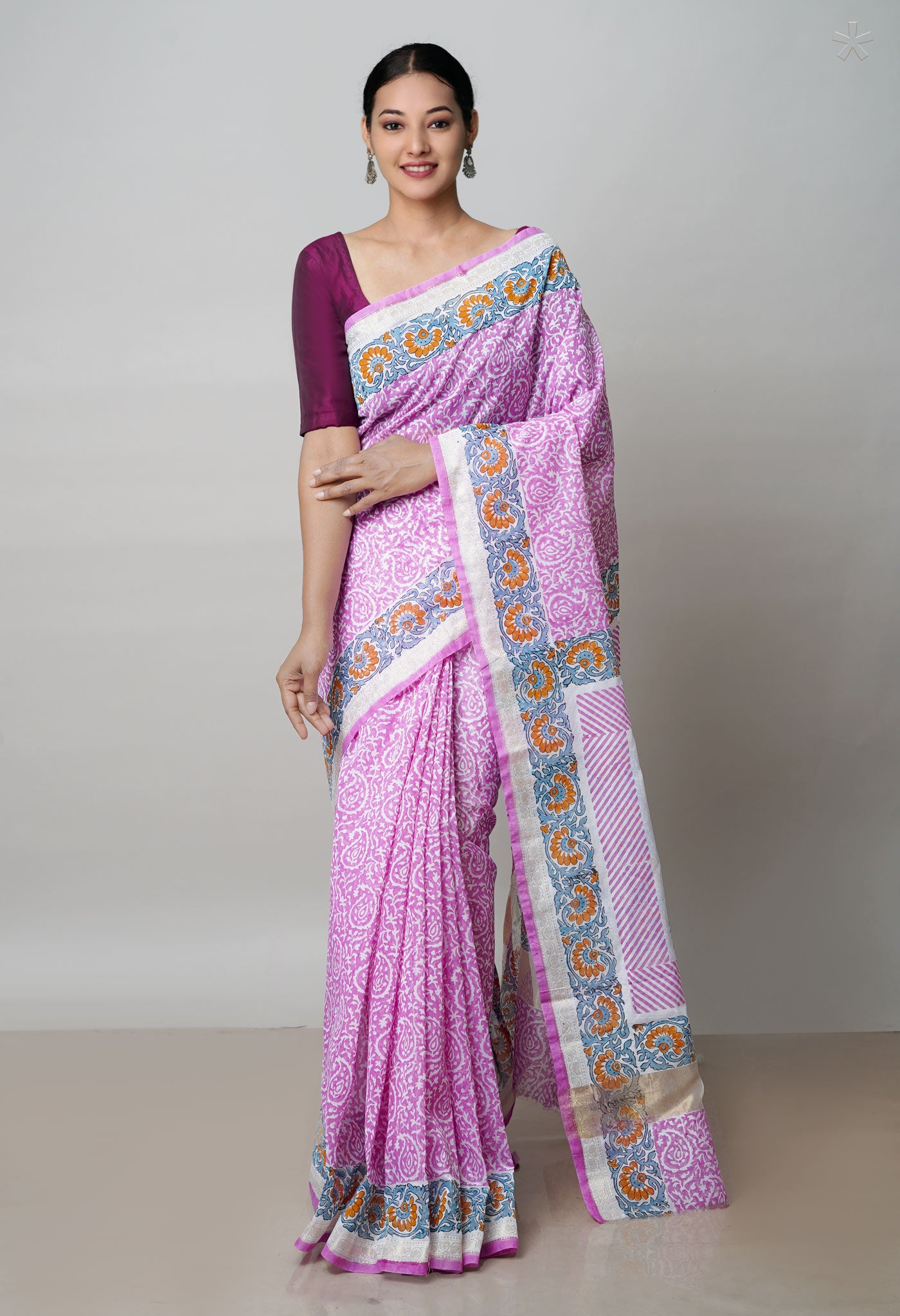 Pink  Dyed Printed Chanderi Sico Saree-UNM71941